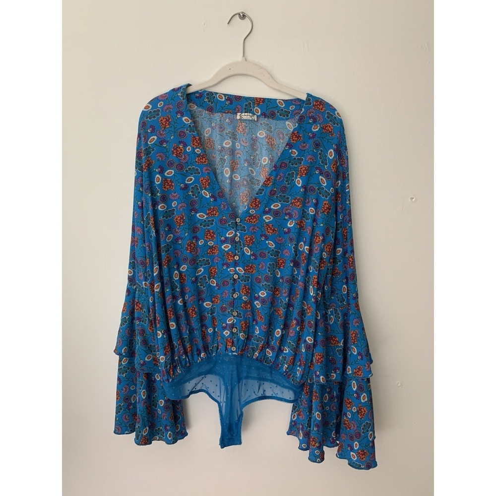 Free People Intimately She's Dainty Floral Bodysuit Sz M Azure Combo Bell Sleeve